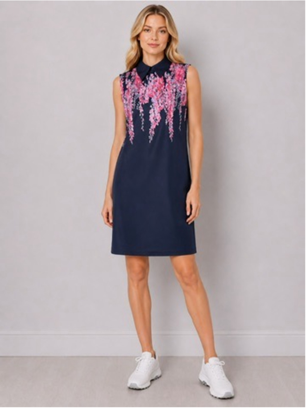 Dalia MacPhee Navy Floral Sleeveless Dress Pink Cherry Blossom Collared Size L